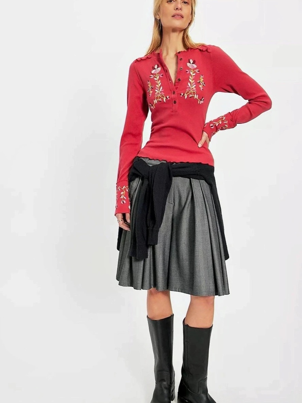Free People Fleur Embroidered Cuff Henley Raspberry Floral Top